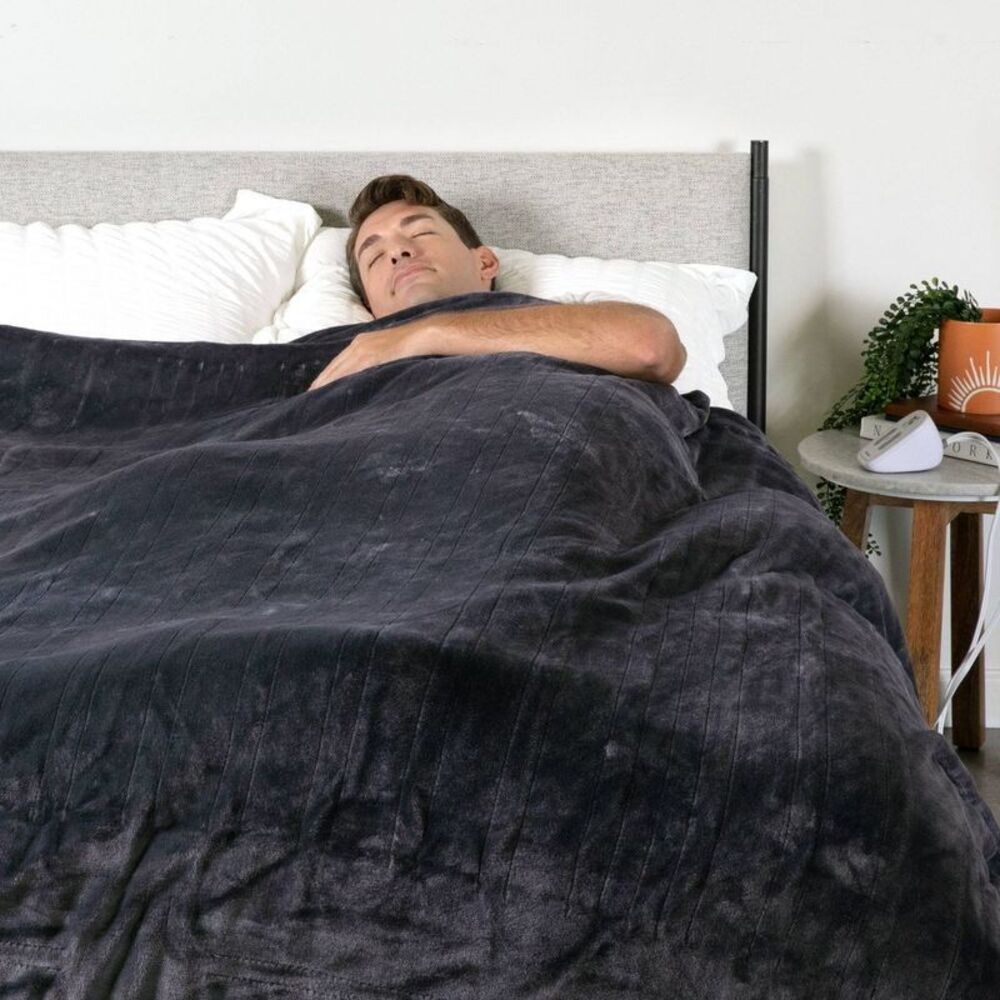 Open Box - Brookstone -  King Heated Blanket Gray Plush Gray